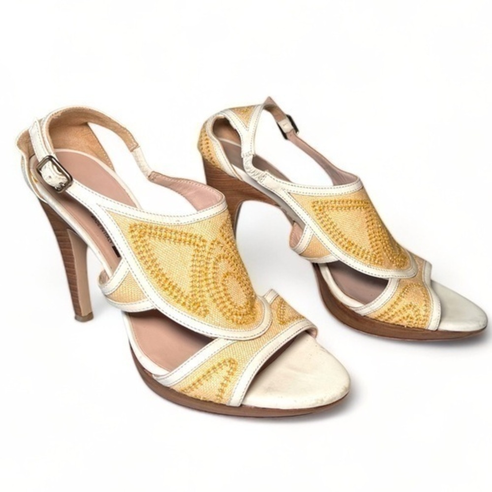 Salvatore Ferragamo Tan Canvas Leather Platform Wedge Sandals Chunky Heel Size 7